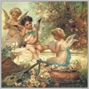  Angels Oil Painting - floral angels and guitar Hans Zatzka